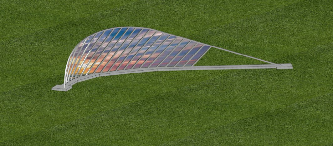 A rendering of a feather constructed of glass and steel.