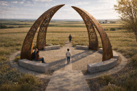 public artwork design showing two arches coming together about 30 feet overhead with people sitting on benches at the base