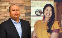 Head and shoulders portraits of Native American artists Shayna Grandbois and Derek Poitra