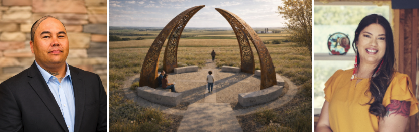 Portraits of Native artists Shayna Grandbois and Derek Poitra on the sides with a rendering of public artwork in the middle showing 4 arches curving high over people with benches at the bottom