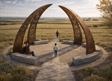 Tentative public art design by Poitra and Grandbois-Herrera that features two large-scale arches bending towards the middle, creating a dome-like area. The arches will be constructed from metal, featuring carved out designs relevant to the diverse peoples and cultures in north-central ND’s Region 3. Featured under the arches are benches and stone pavers